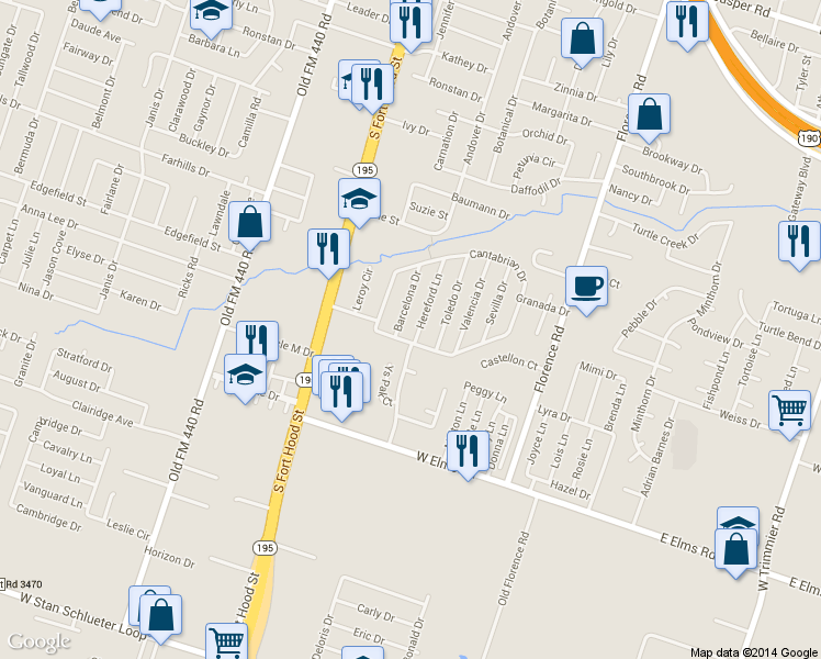 map of restaurants, bars, coffee shops, grocery stores, and more near 3409 Barcelona Drive in Killeen