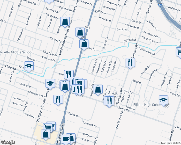 map of restaurants, bars, coffee shops, grocery stores, and more near 3409 Barcelona Drive in Killeen