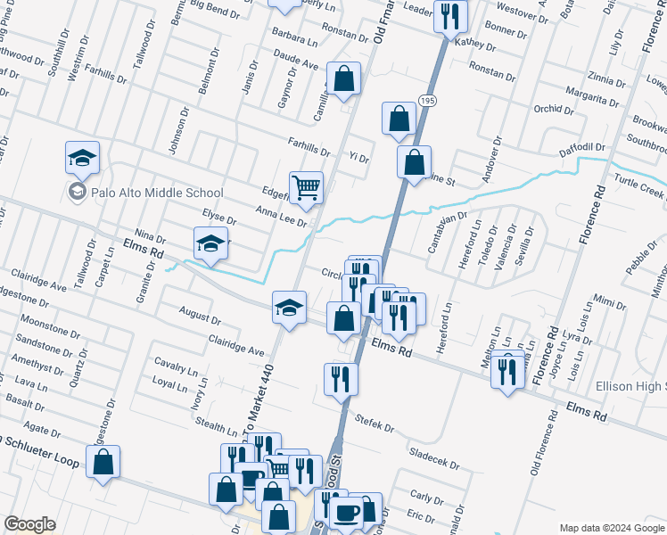 map of restaurants, bars, coffee shops, grocery stores, and more near 1007 Circle M Drive in Killeen