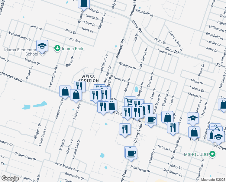 map of restaurants, bars, coffee shops, grocery stores, and more near 4504 Deek Drive in Killeen