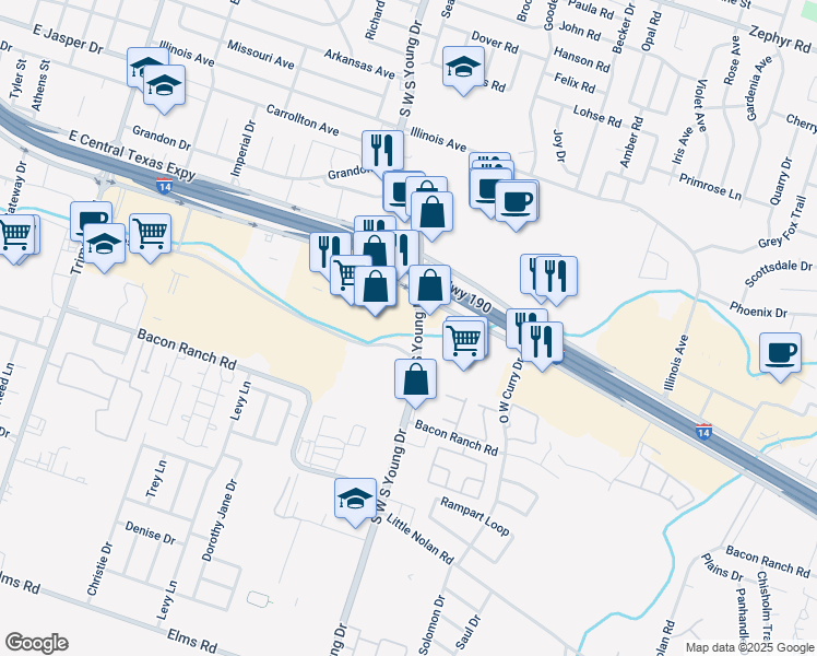 map of restaurants, bars, coffee shops, grocery stores, and more near 2513 South W. S. Young Drive in Killeen