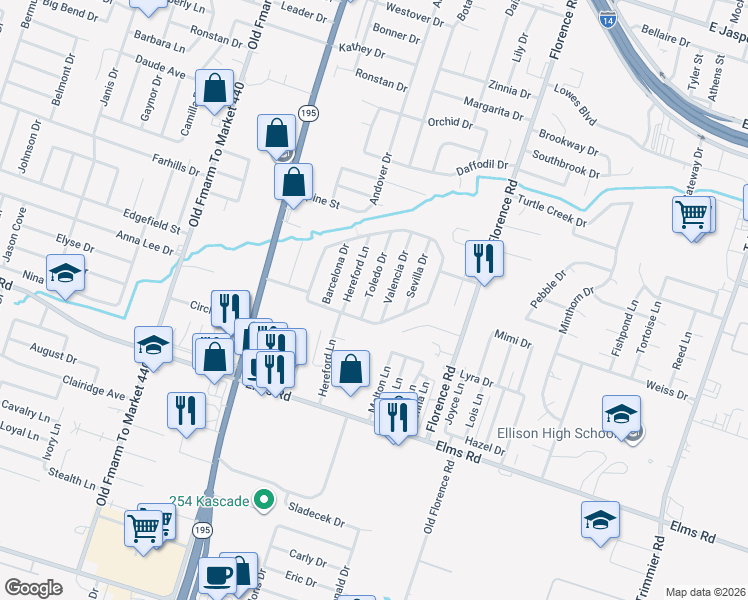 map of restaurants, bars, coffee shops, grocery stores, and more near 3402 Toledo Drive in Killeen