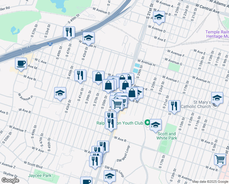 map of restaurants, bars, coffee shops, grocery stores, and more near 1704 West M Avenue in Temple