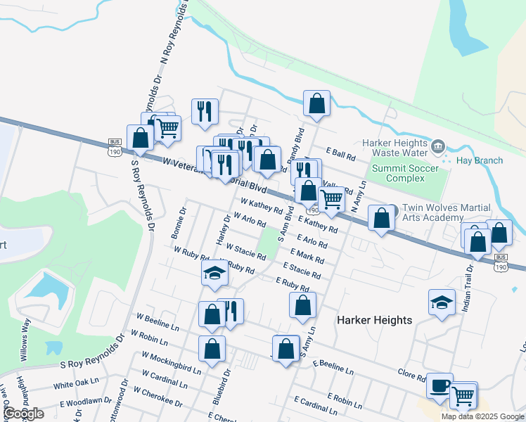 map of restaurants, bars, coffee shops, grocery stores, and more near 112 West Kathey Road in Harker Heights