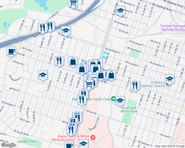 map of restaurants, bars, coffee shops, grocery stores, and more near 1219 South 31st Street in Temple