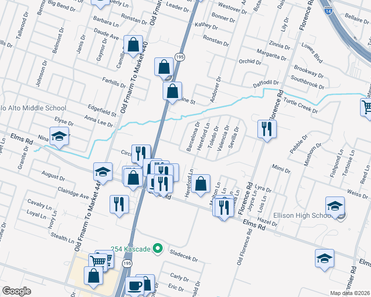 map of restaurants, bars, coffee shops, grocery stores, and more near 3409 Barcelona Drive in Killeen