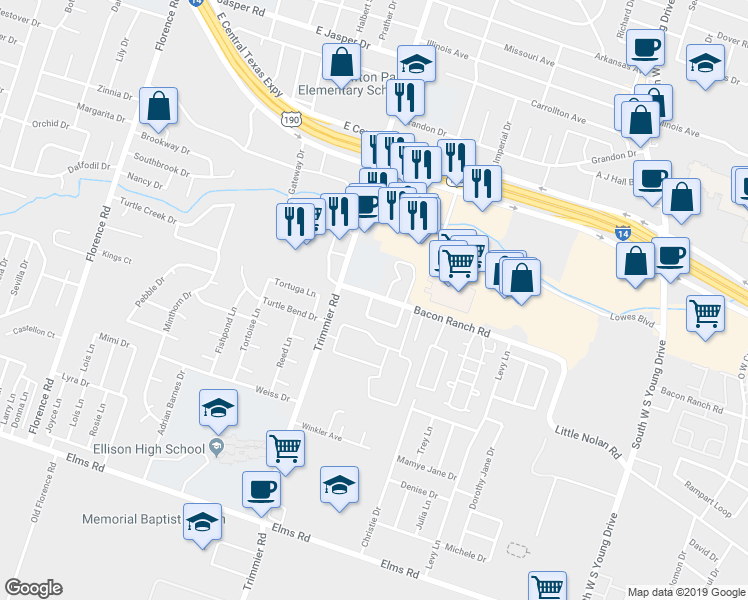 map of restaurants, bars, coffee shops, grocery stores, and more near 1101 Covey Lane in Killeen
