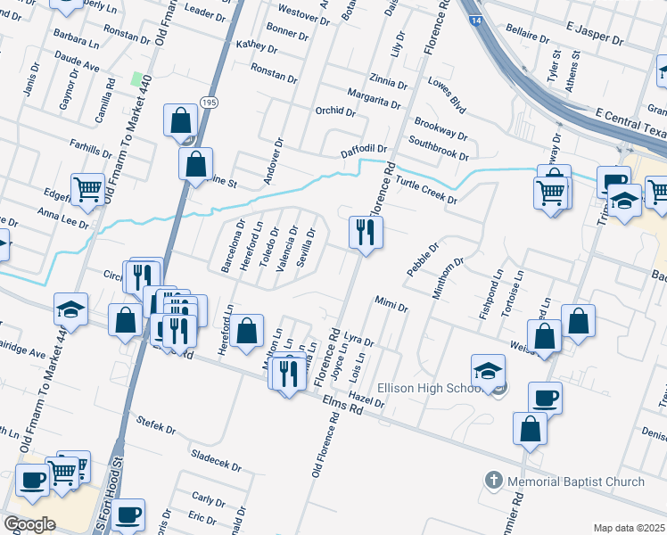 map of restaurants, bars, coffee shops, grocery stores, and more near 3306 Alicante Court in Killeen
