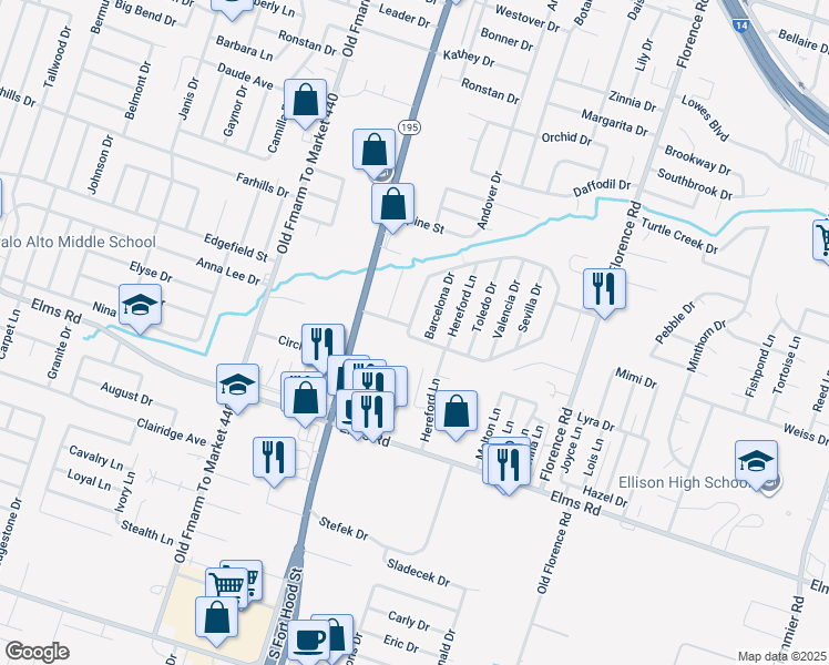 map of restaurants, bars, coffee shops, grocery stores, and more near 3409 Barcelona Drive in Killeen