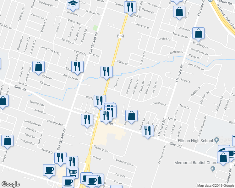 map of restaurants, bars, coffee shops, grocery stores, and more near in Killeen
