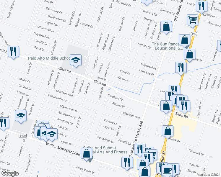 map of restaurants, bars, coffee shops, grocery stores, and more near 1500 West Elms Road in Killeen