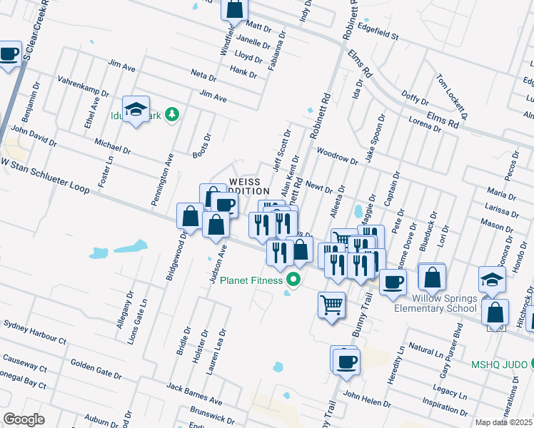 map of restaurants, bars, coffee shops, grocery stores, and more near 4509 Alan Kent Drive in Killeen