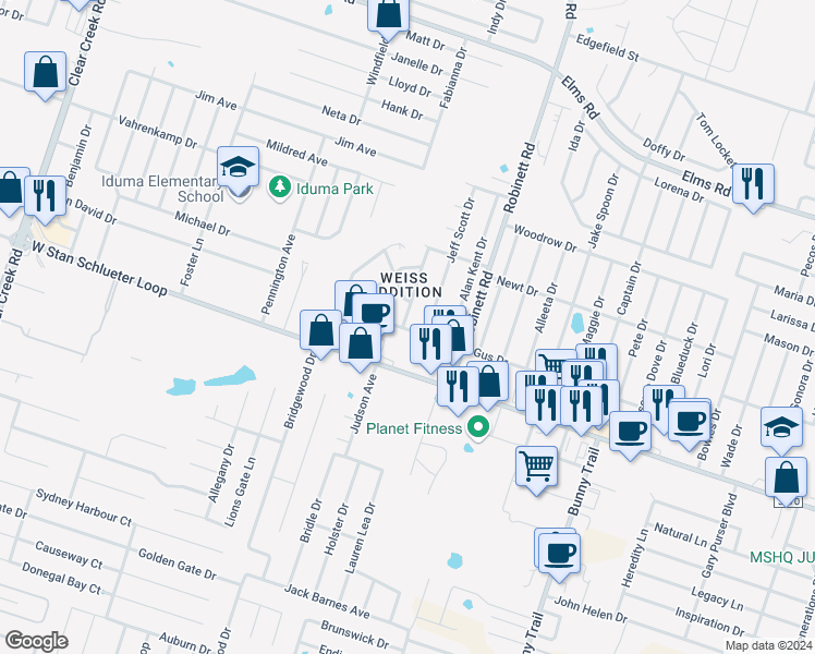 map of restaurants, bars, coffee shops, grocery stores, and more near 4006 Gus Drive in Killeen
