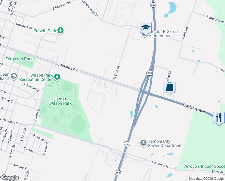 map of restaurants, bars, coffee shops, grocery stores, and more near 15 South 50th Street in Temple