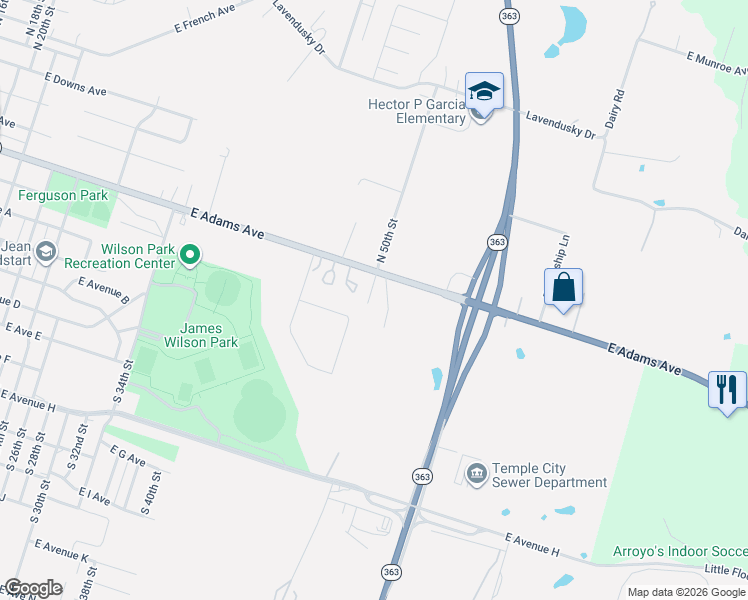map of restaurants, bars, coffee shops, grocery stores, and more near 15 S 50th St in Temple