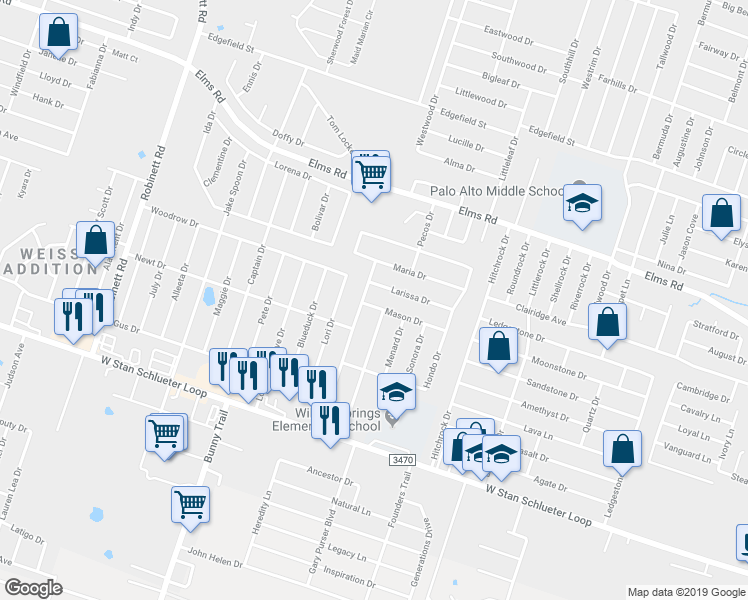 map of restaurants, bars, coffee shops, grocery stores, and more near 2805 Mason Drive in Killeen