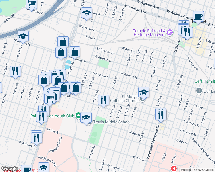 map of restaurants, bars, coffee shops, grocery stores, and more near 1001 South 19th Street in Temple
