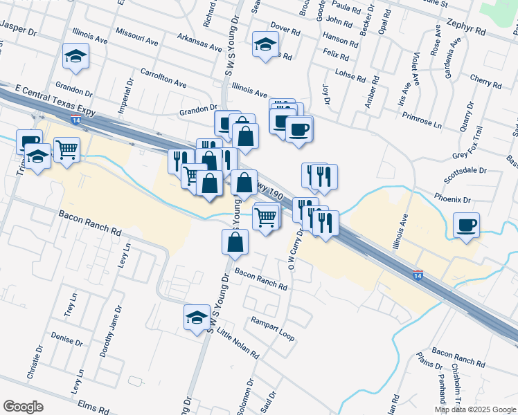 map of restaurants, bars, coffee shops, grocery stores, and more near 2210 East Central Texas Expressway in Killeen