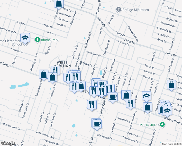 map of restaurants, bars, coffee shops, grocery stores, and more near 4500 July Drive in Killeen