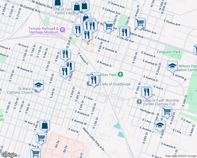 map of restaurants, bars, coffee shops, grocery stores, and more near 603 South 8th Street in Temple
