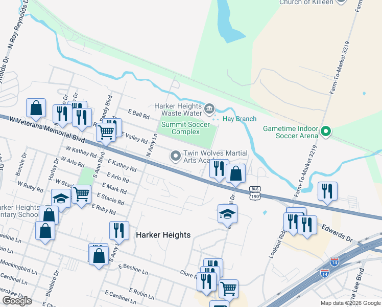 map of restaurants, bars, coffee shops, grocery stores, and more near 226 West Valley Road in Harker Heights
