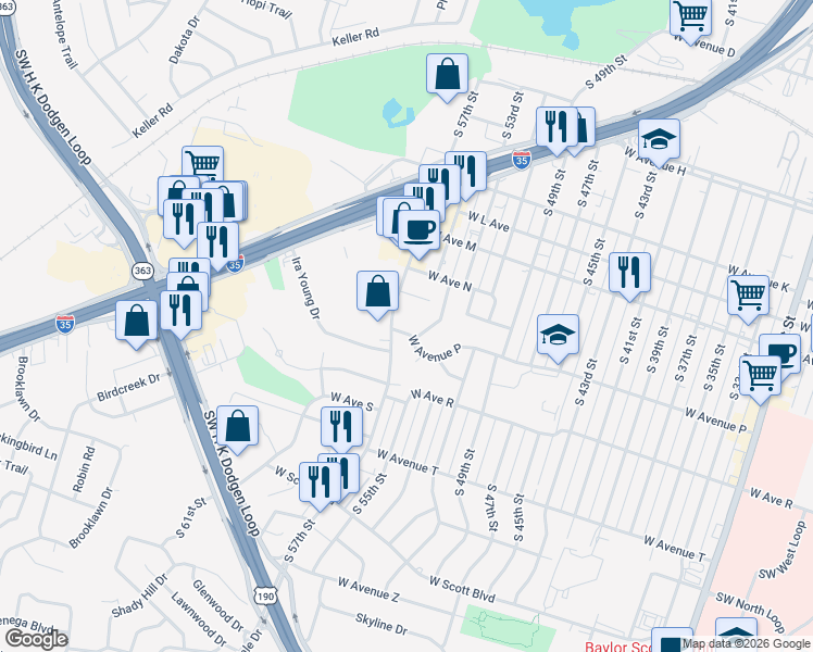 map of restaurants, bars, coffee shops, grocery stores, and more near 2803 West Avenue P in Temple