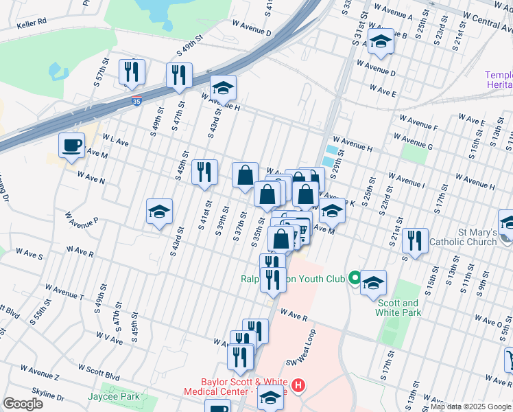 map of restaurants, bars, coffee shops, grocery stores, and more near 1306 South 35th Street in Temple