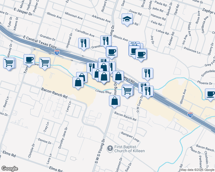 map of restaurants, bars, coffee shops, grocery stores, and more near 1683-1833 Lowes Boulevard in Killeen