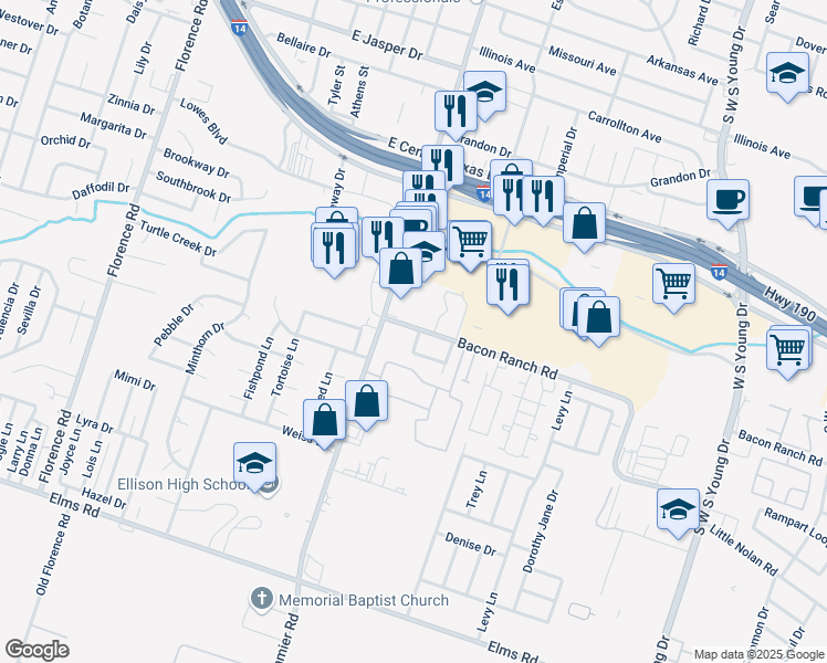 map of restaurants, bars, coffee shops, grocery stores, and more near 1103 Covey Lane in Killeen