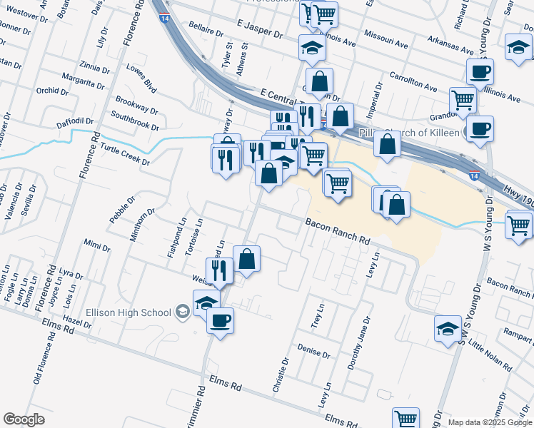 map of restaurants, bars, coffee shops, grocery stores, and more near 2608 Trimmier Road in Killeen