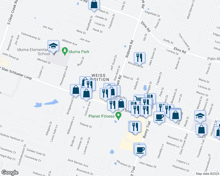 map of restaurants, bars, coffee shops, grocery stores, and more near 4509 Alan Kent Drive in Killeen