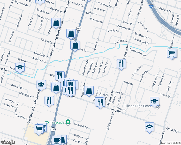 map of restaurants, bars, coffee shops, grocery stores, and more near 3400 Hereford Lane in Killeen