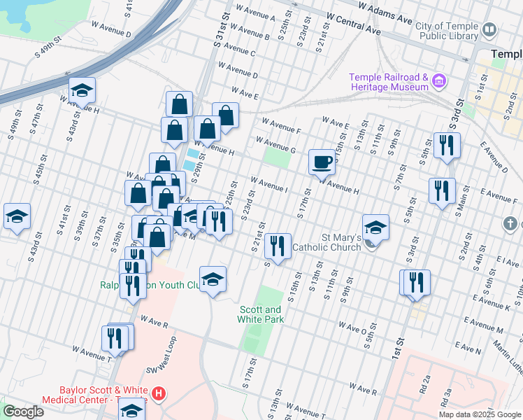 map of restaurants, bars, coffee shops, grocery stores, and more near 1008 South 21st Street in Temple