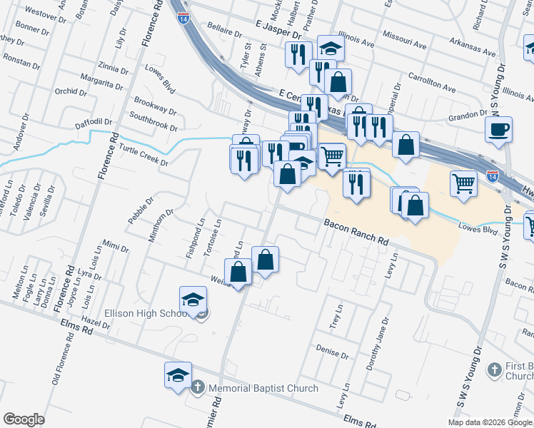 map of restaurants, bars, coffee shops, grocery stores, and more near 2608 Trimmier Road in Killeen