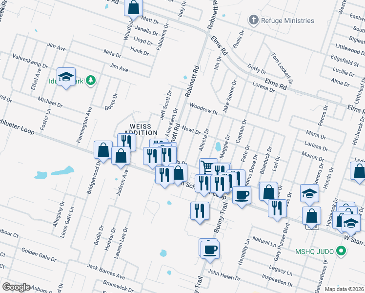 map of restaurants, bars, coffee shops, grocery stores, and more near 4500 Deek Drive in Killeen