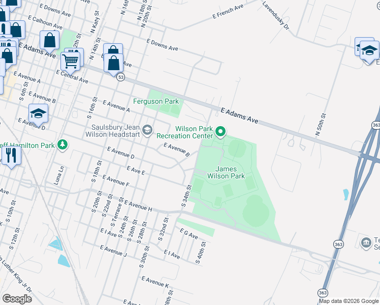 map of restaurants, bars, coffee shops, grocery stores, and more near 213 South 32nd Street in Temple