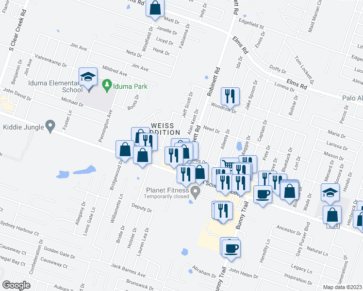 map of restaurants, bars, coffee shops, grocery stores, and more near 4505 Alan Kent Drive in Killeen