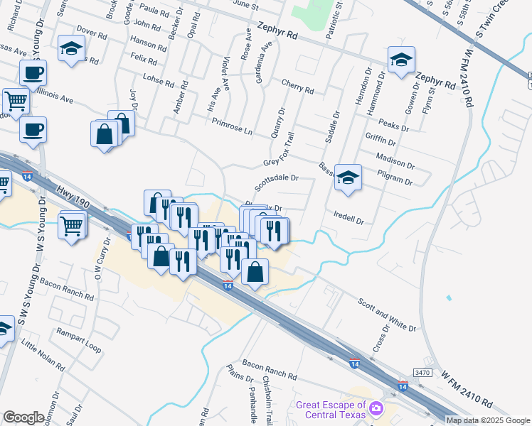 map of restaurants, bars, coffee shops, grocery stores, and more near 2900 Phoenix Drive in Killeen