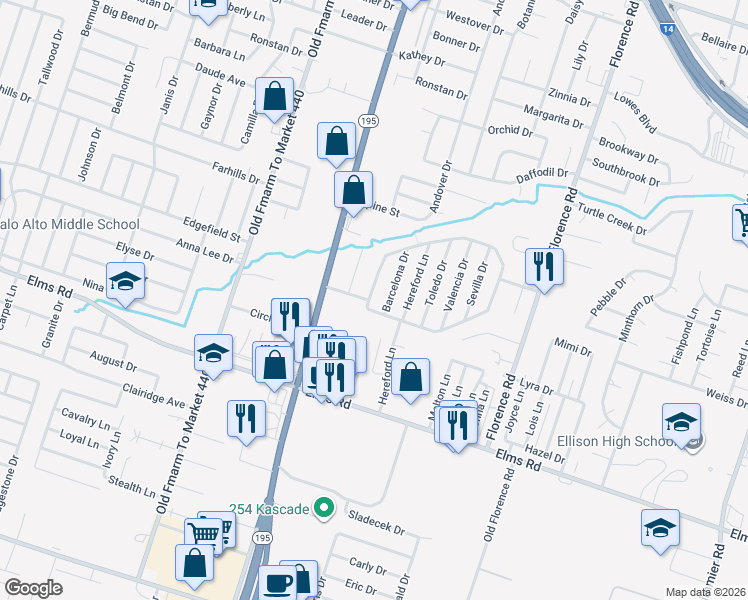 map of restaurants, bars, coffee shops, grocery stores, and more near 3409 Barcelona Drive in Killeen