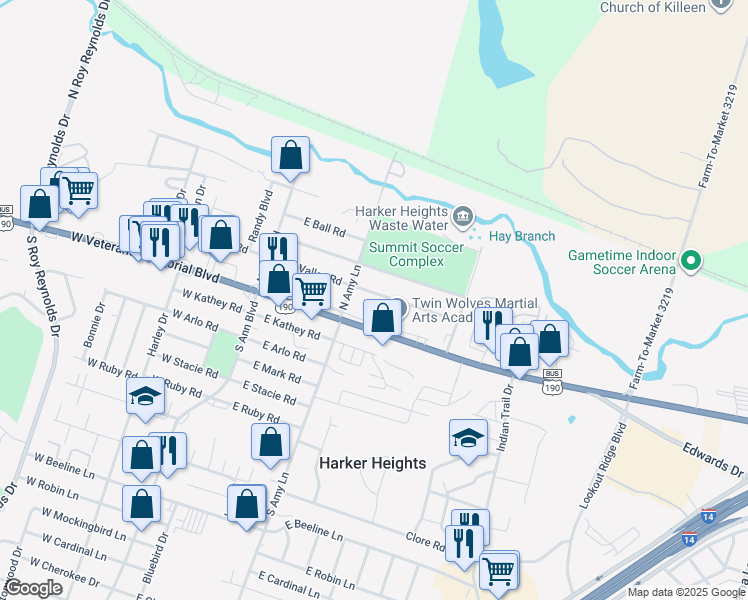 map of restaurants, bars, coffee shops, grocery stores, and more near 215 Cox Drive in Harker Heights
