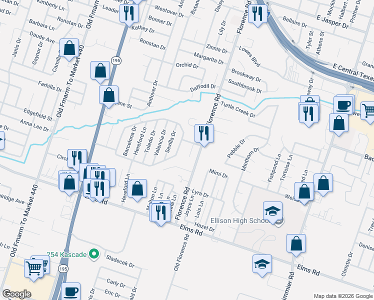map of restaurants, bars, coffee shops, grocery stores, and more near 3306 Alicante Court in Killeen