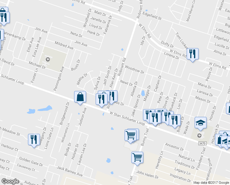 map of restaurants, bars, coffee shops, grocery stores, and more near 4504 Deek Drive in Killeen
