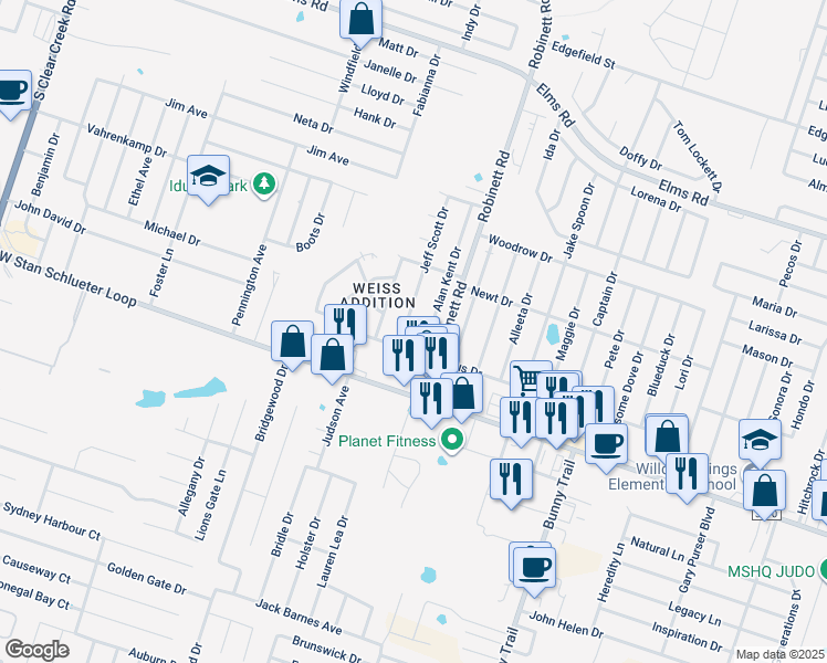 map of restaurants, bars, coffee shops, grocery stores, and more near 4509 Alan Kent Drive in Killeen
