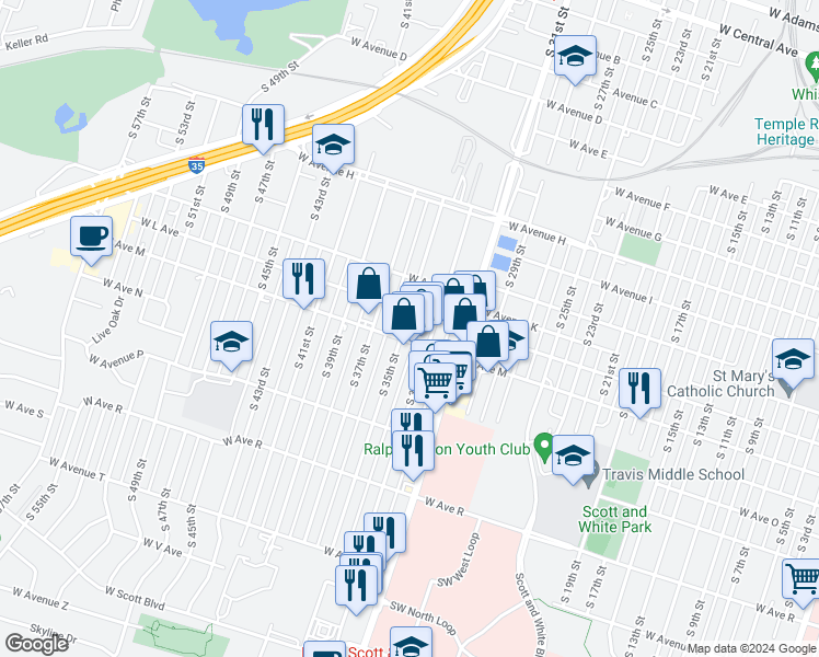 map of restaurants, bars, coffee shops, grocery stores, and more near 1209 South 35th Street in Temple