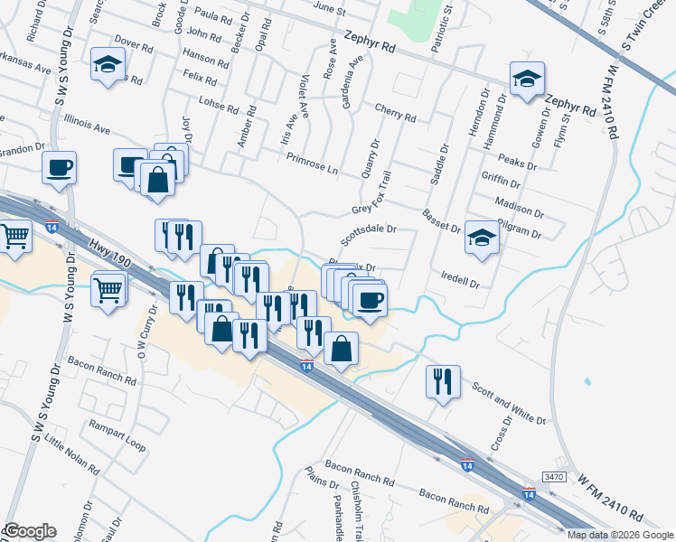 map of restaurants, bars, coffee shops, grocery stores, and more near 2900 Phoenix Drive in Killeen