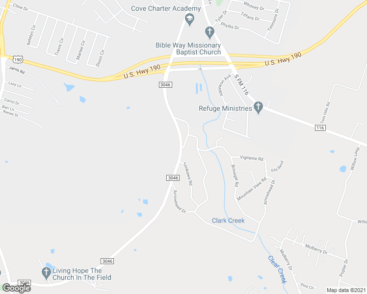 map of restaurants, bars, coffee shops, grocery stores, and more near FM 3046 in Copperas Cove