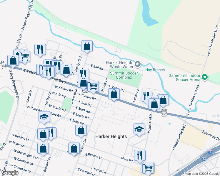 map of restaurants, bars, coffee shops, grocery stores, and more near 101 North Amy Lane in Harker Heights