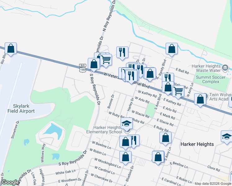 map of restaurants, bars, coffee shops, grocery stores, and more near 308 South Juanita Drive in Harker Heights