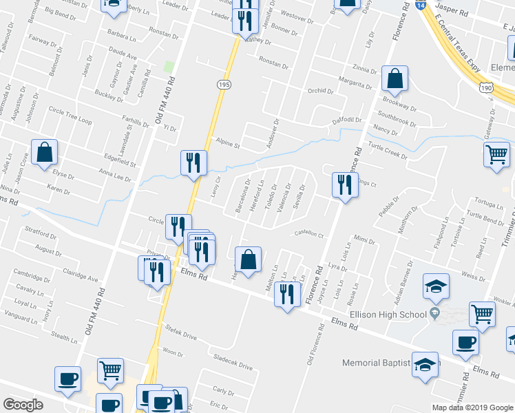 map of restaurants, bars, coffee shops, grocery stores, and more near 3407 Toledo Drive in Killeen