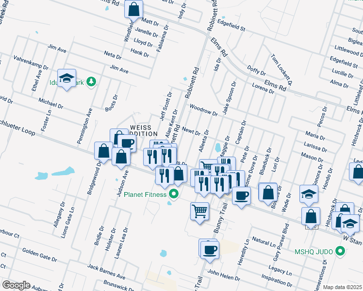 map of restaurants, bars, coffee shops, grocery stores, and more near 4504 Deek Drive in Killeen